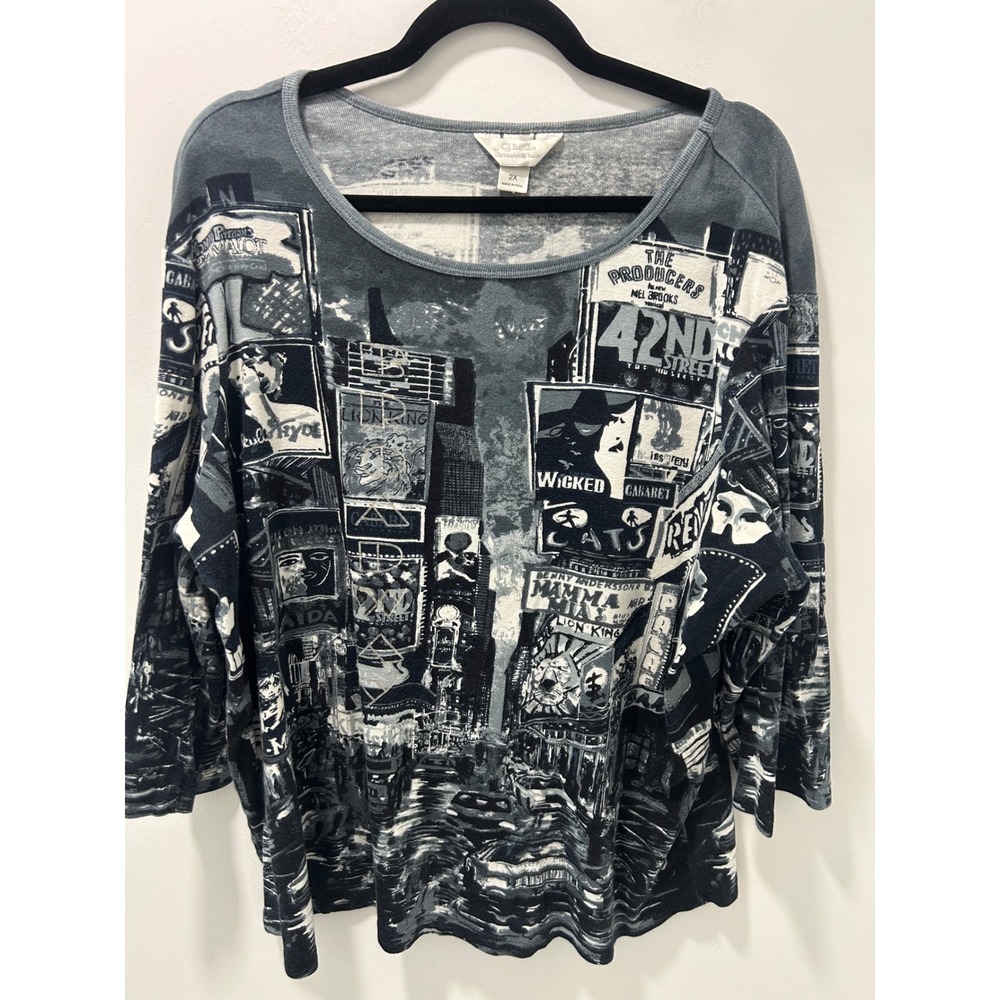 CJ Banks Broadway Times Square NYC Print 3/4 Sleeve Top Plus Size 2X Grayscale